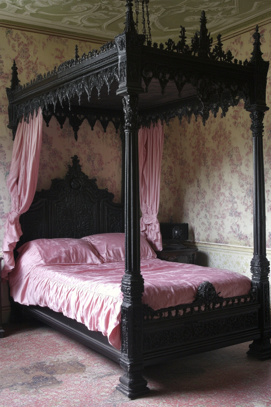 Gothic-Pastel bedroom. Black four-poster bed with pastel pink silk sheets.