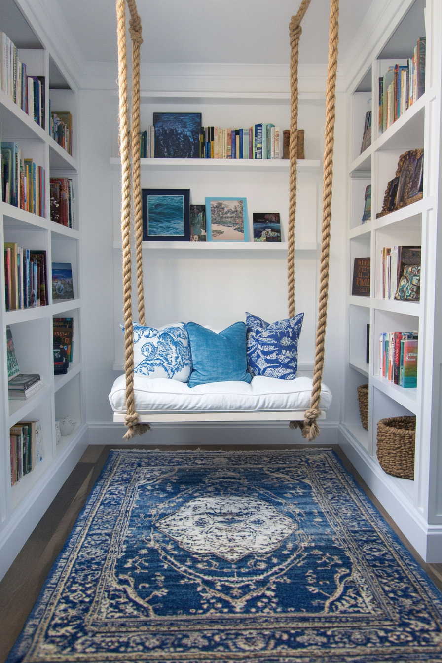 Reading sanctuary. White shelves, blue Turkish rug, rope swing chair with ocean-themed cushions.