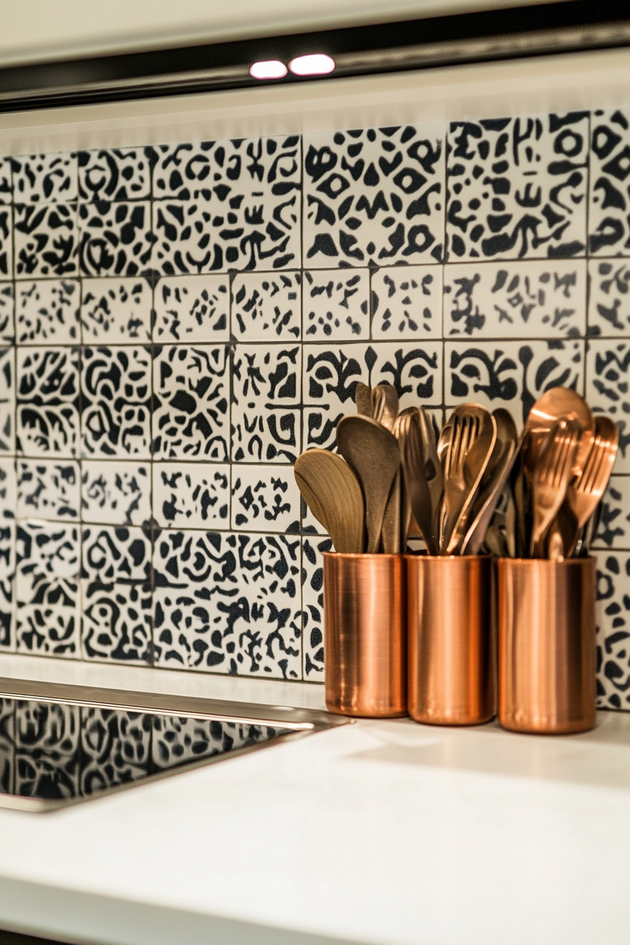 Tiny cooking space idea. Geometric pattern Moroccan tiles backsplash and copper utensils.