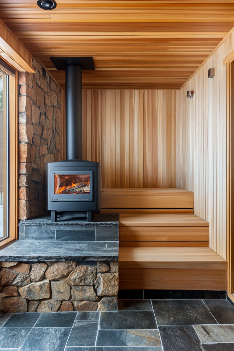 Sauna room design. Wood-burning stove with cedar tiered benches.