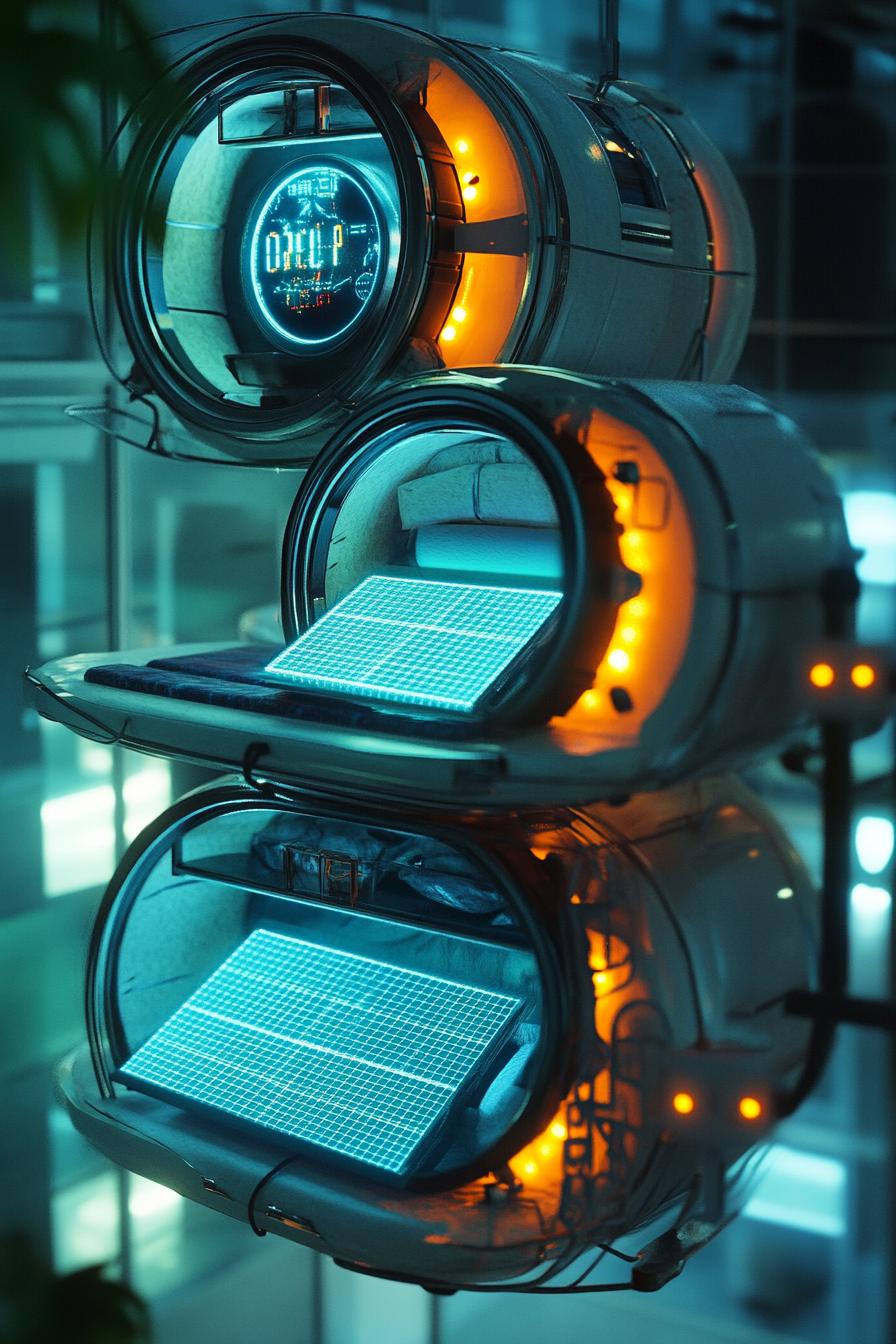 Stacked Sleeping Pod. Pod with holographic alarm clock and aqua solar panels.