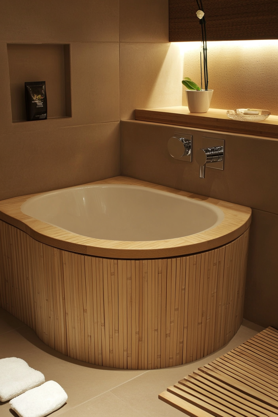 Tiny Eco-Bathroom Concept. Brown tiled floor with cream bamboo tub.