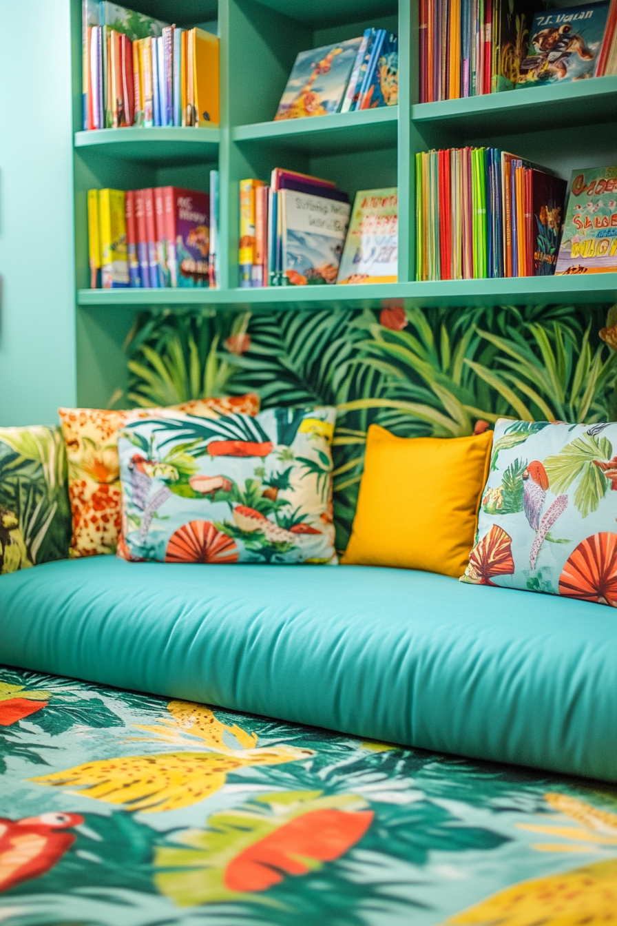 Child-sized library. Aqua floor cushion with jungle-themed book display.