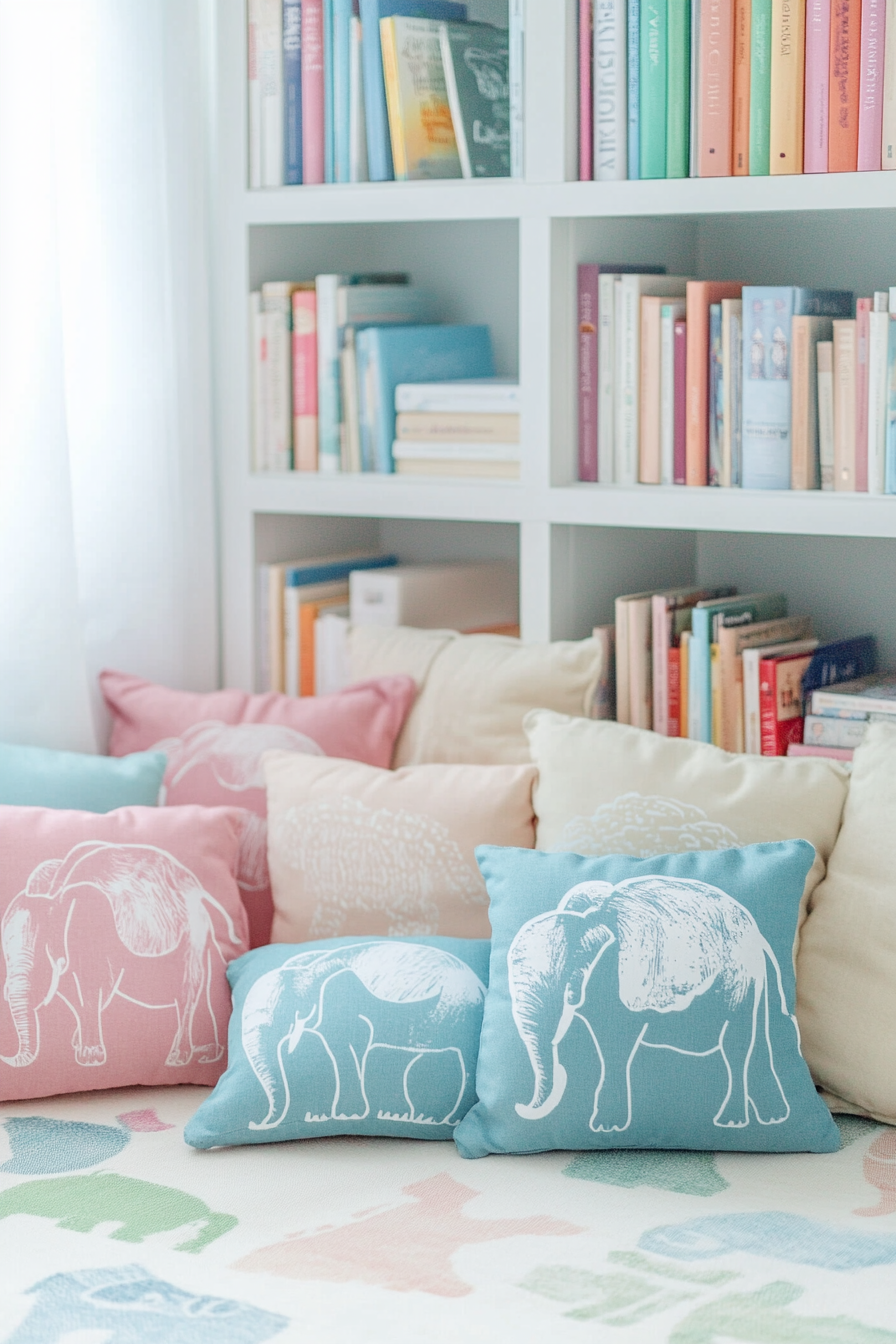 Child-sized library concept. Floor cushion with elephant print, pastel book display.