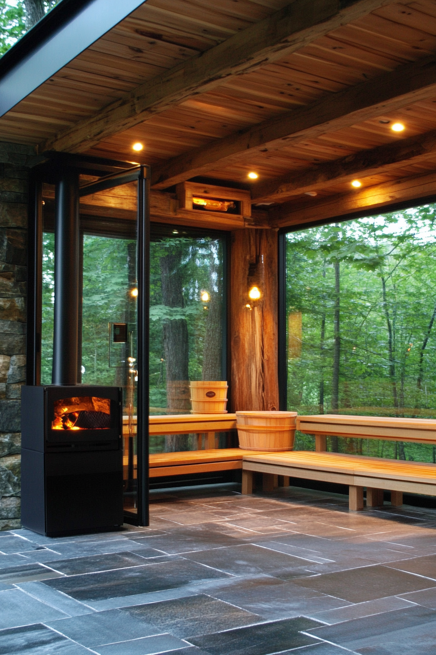 Sauna room design. Wood-burning stove, cedar benches, glass door.