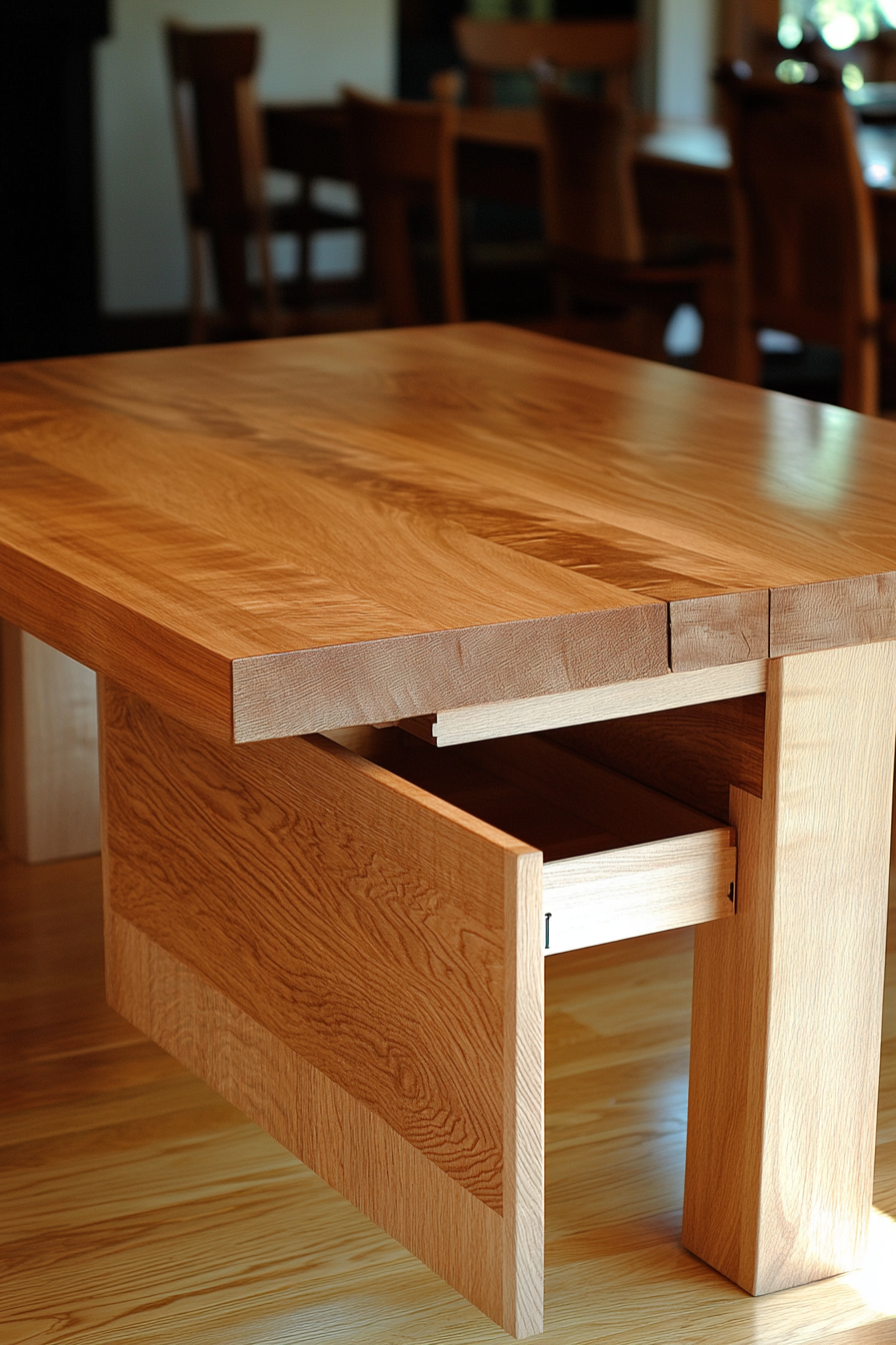 Dining table for small space. Rectangular oak with swing-out hidden compartment.