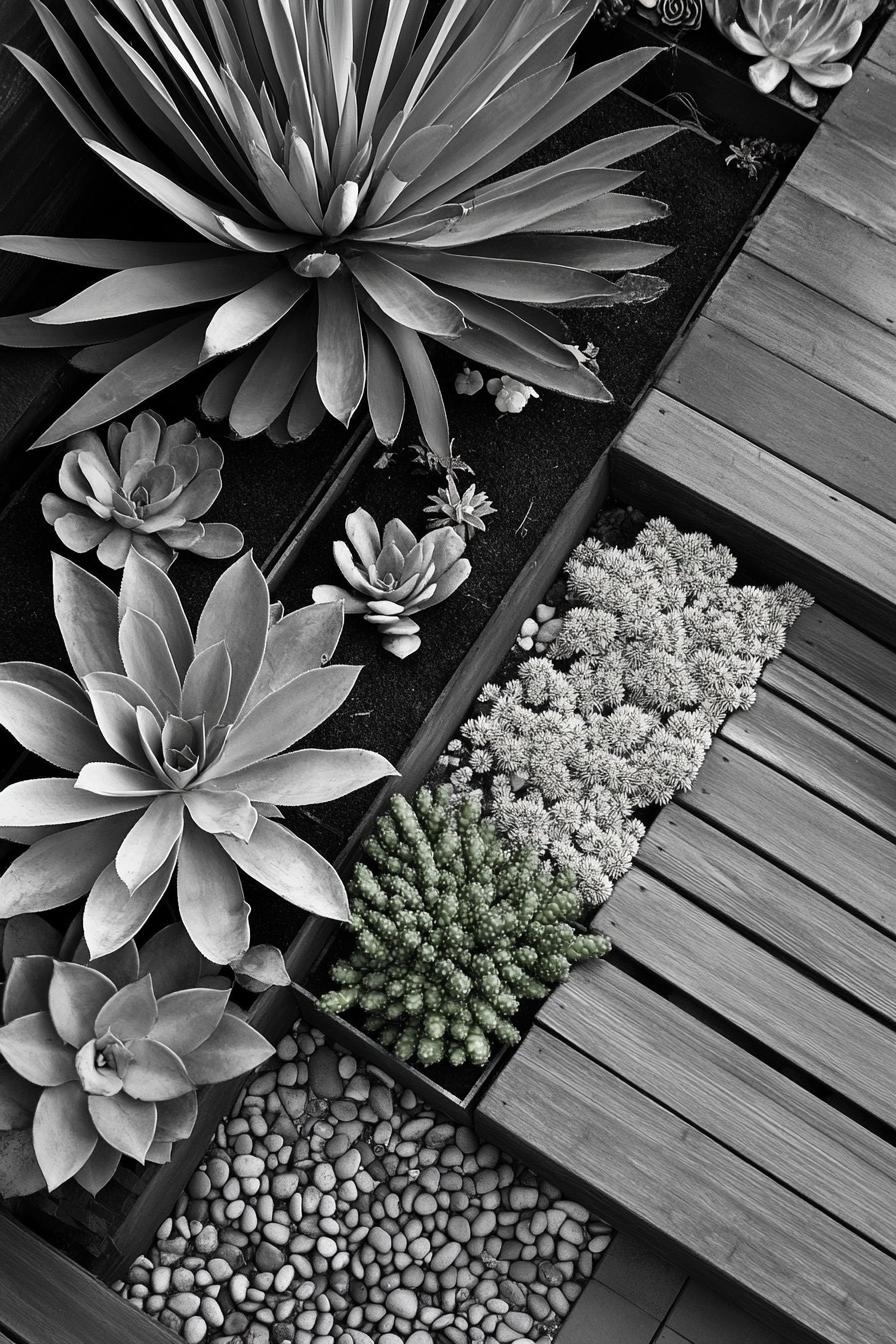 Tiny house roof terrace layout. Monochrome succulent garden beds.