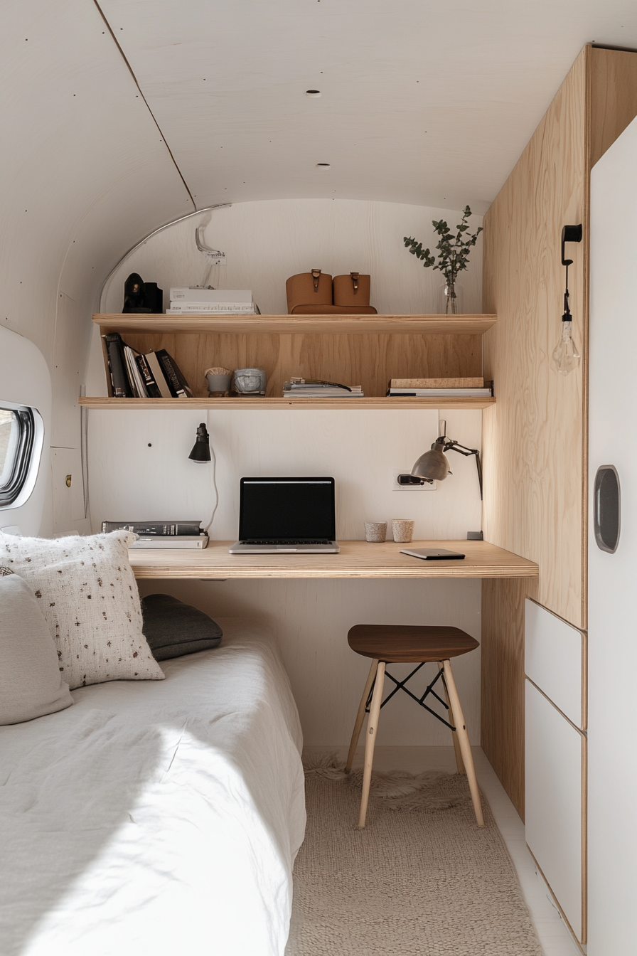 Remote work camper interior. White walls with plywood desk and open shelving.