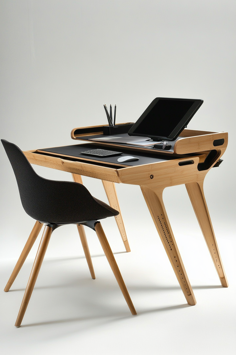 Mobile workspace design. Bamboo desk with taupe ergonomic chair.