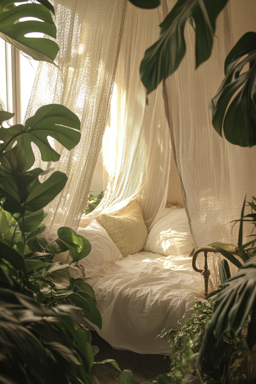 Sleeping nook. Ivory mosquito net, brass bed frame, surrounded by Monstera Deliciosa.