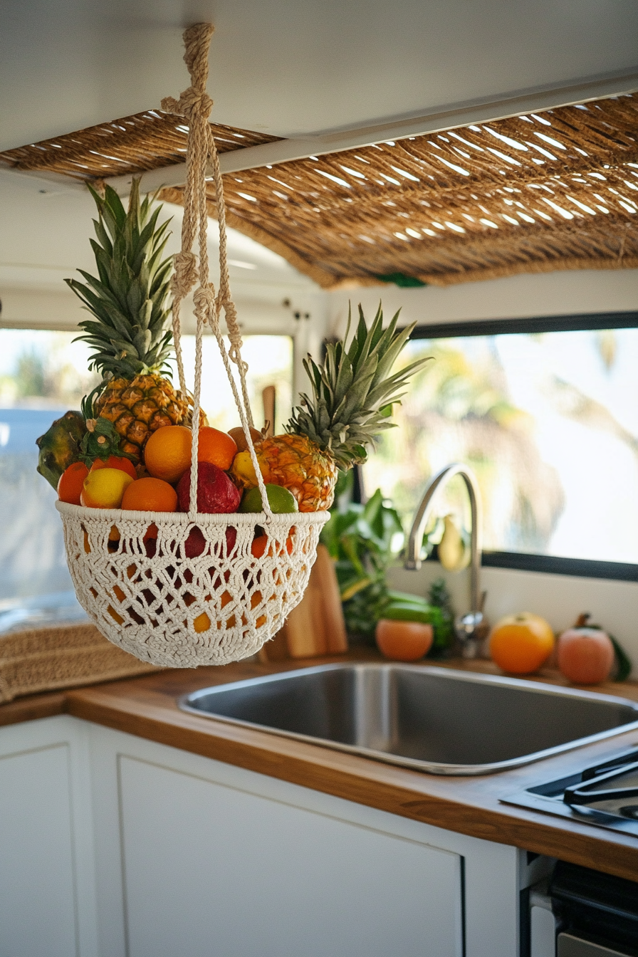 Bohemian camper kitchen. Macramé fruit basket hanging from rattan roof.