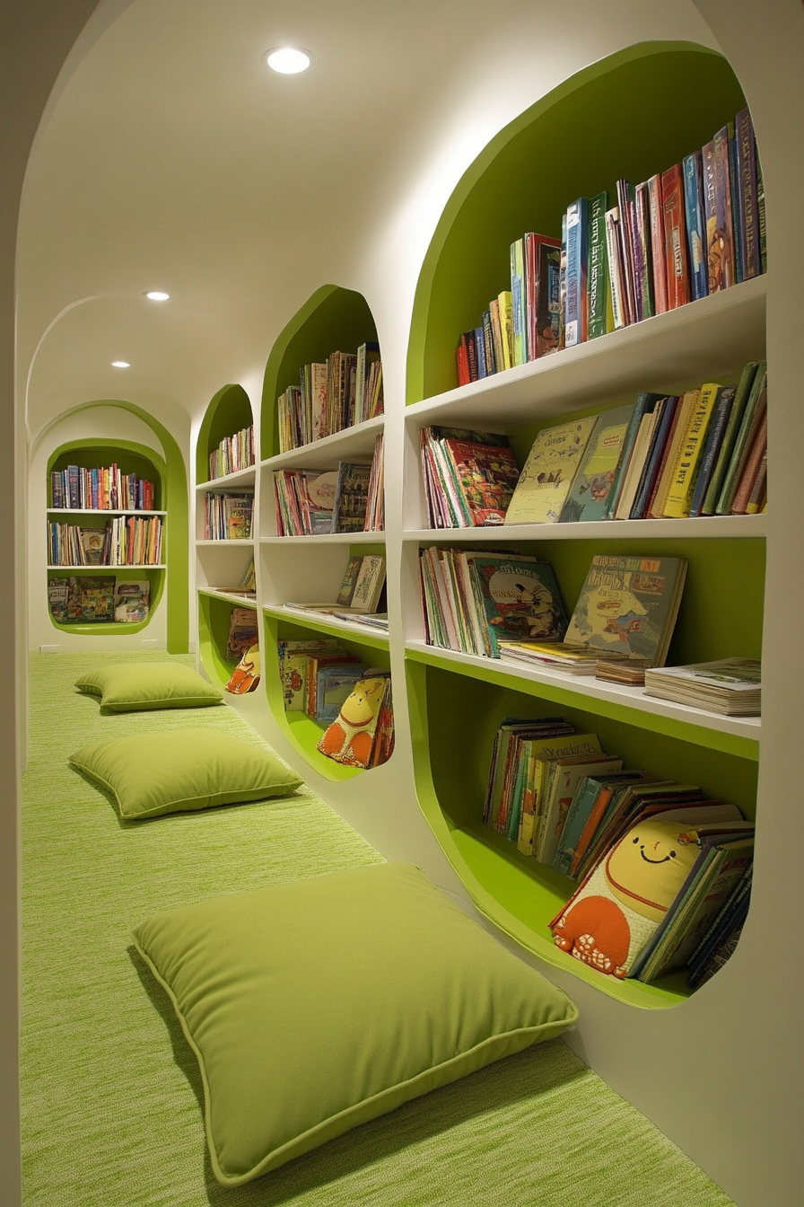 Child-sized library concept. Green floor cushions with organized wall bookshelves.