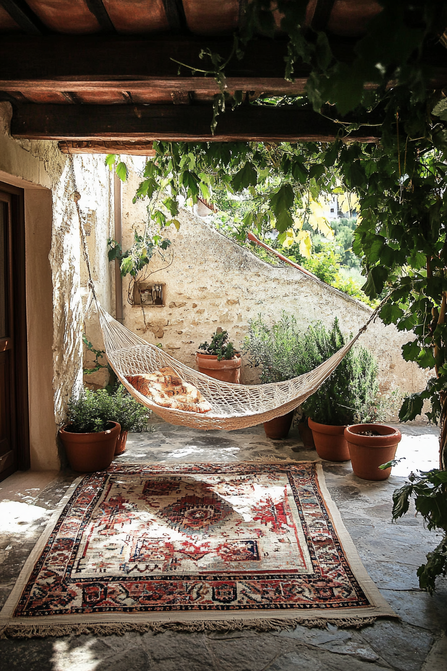 Bohemian patio. Layered Kilim rugs, terra cotta pots, and macramé hanging chair.