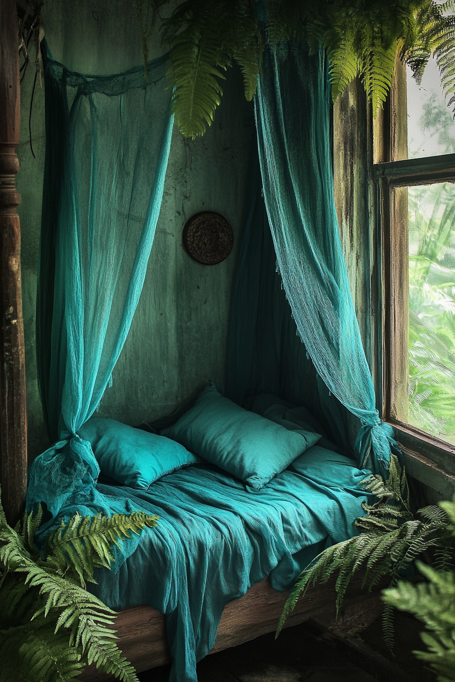 Sleeping nook. Teal mosquito net drapes, dense Fern leaf surrounds.