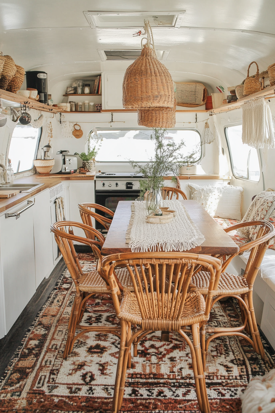 Bohemian camper kitchen. Rattan dining chairs in macramé decorated interior.