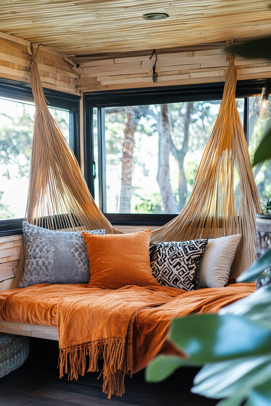 Upper Level Design. Velvet hammock in Rattan tiny home.