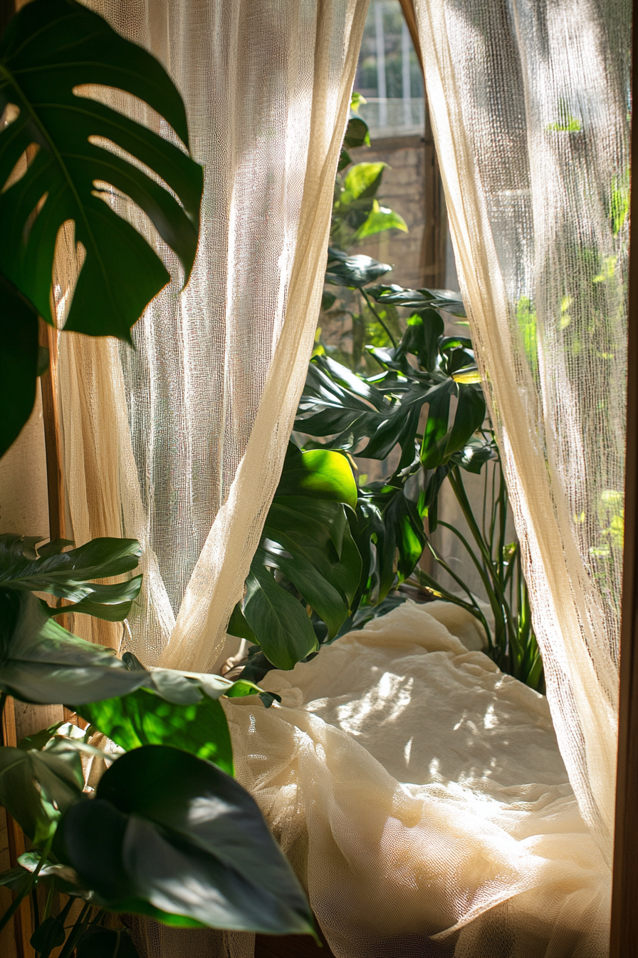 Sleeping nook. Mosquito net drapes and monstera plant.