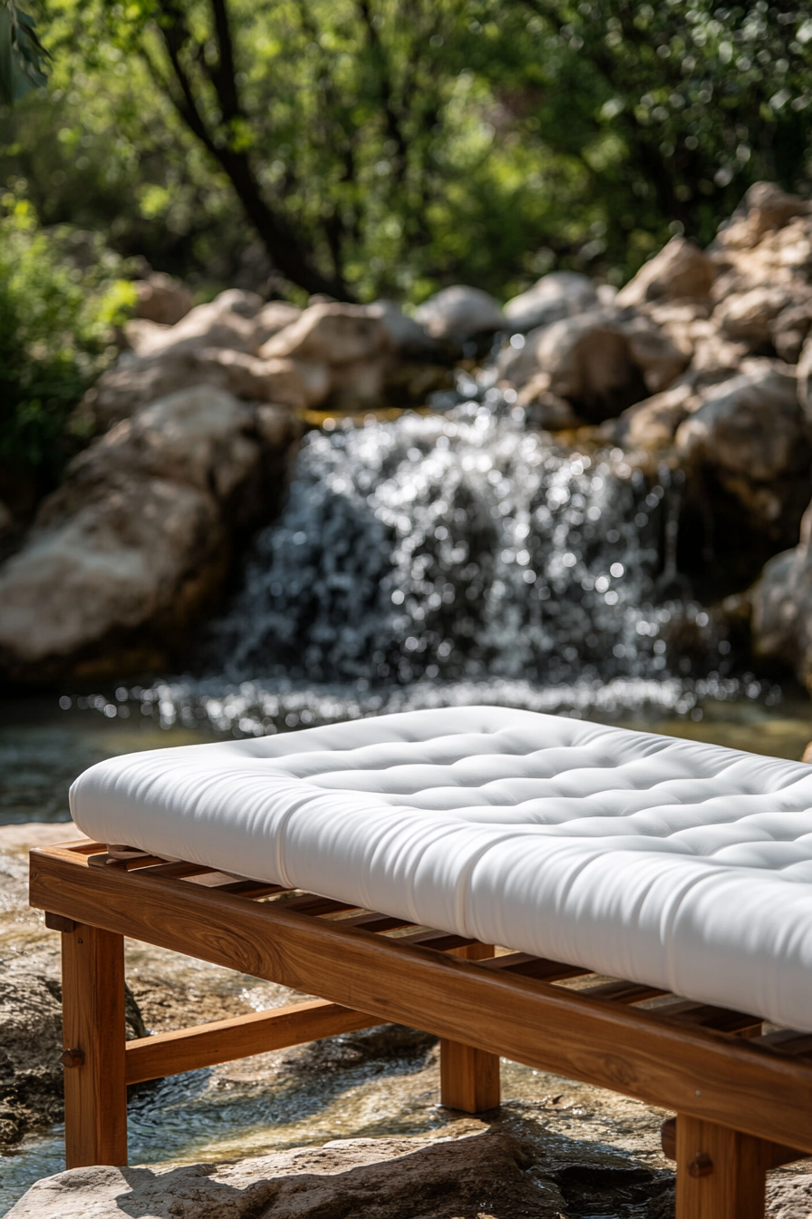 Outdoor massage table. Wood structure with white padding by a waterfall.