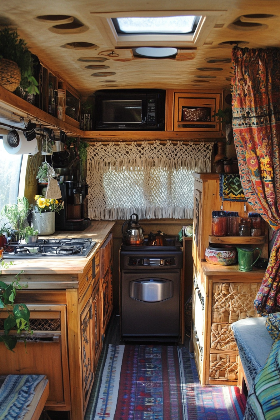 Bohemian camper kitchen. Macramé curtain and rattan cabinets.