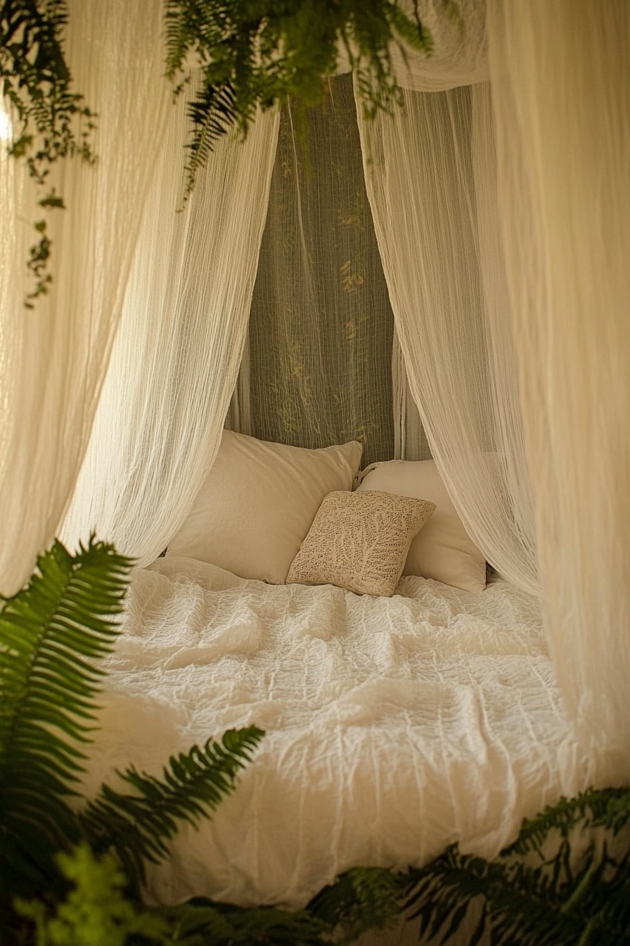 Sleeping nook. Ivory mosquito net drapes, fern surround.