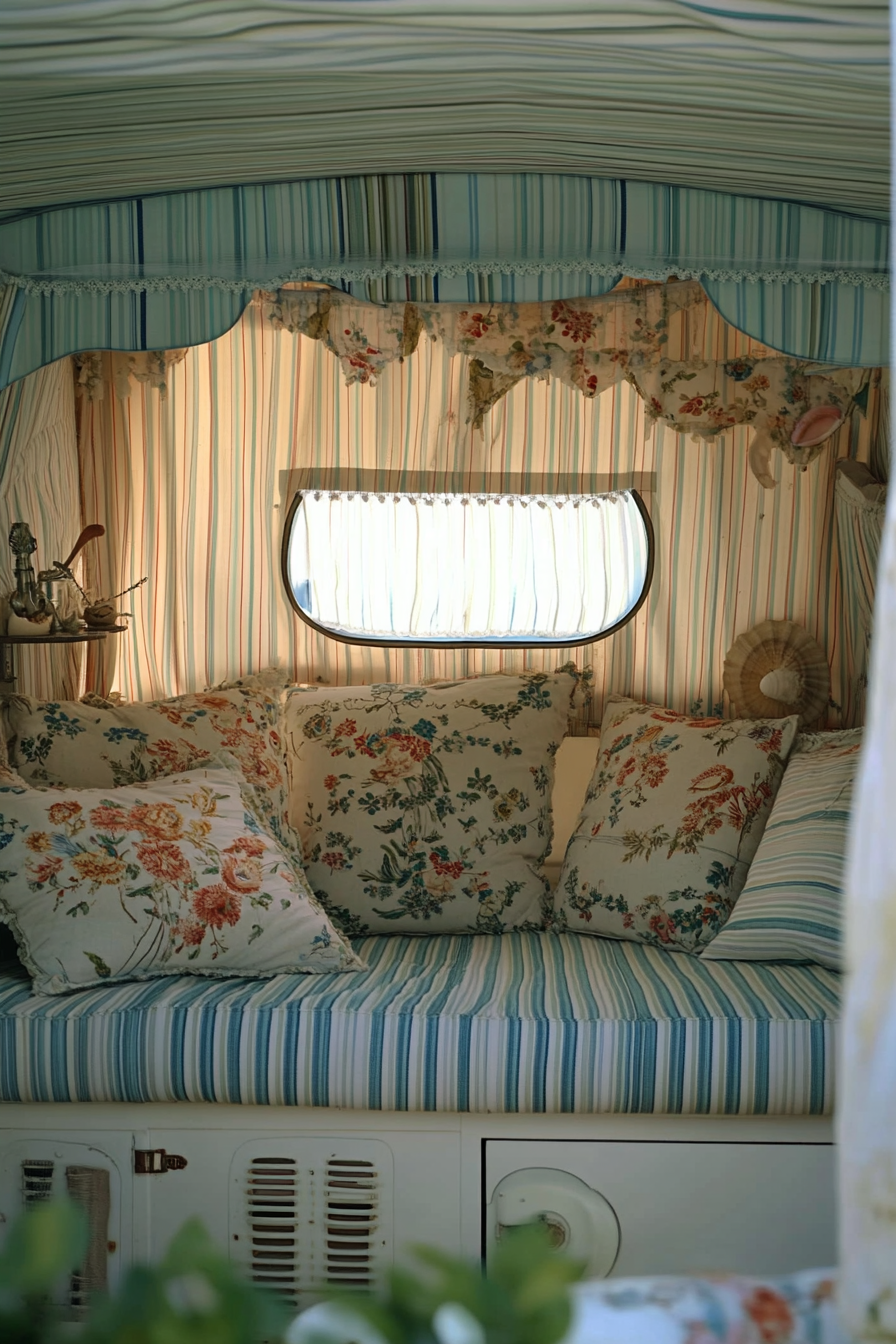 Camper design. Striped awning with chintz cushions and seashell accents.