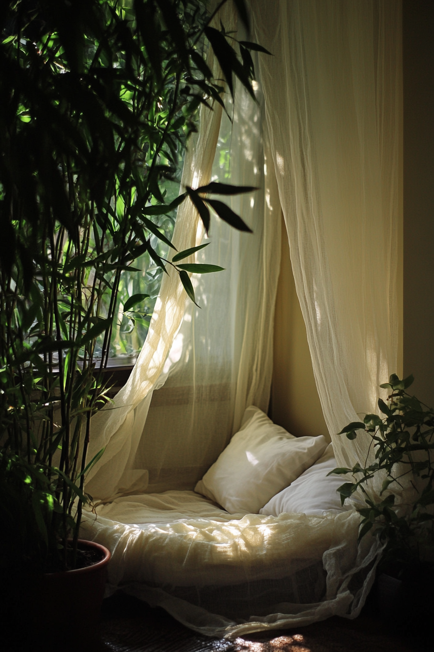 Sleeping nook. Off-white mosquito net drapes and bamboo plants.