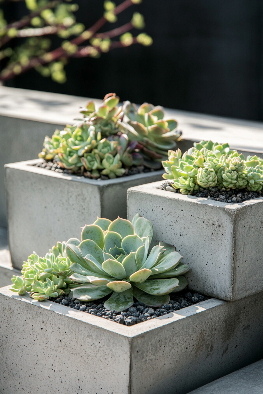 Tiny House Roof Terrace Layout. Monochrome succulents in minimalist concrete planters.