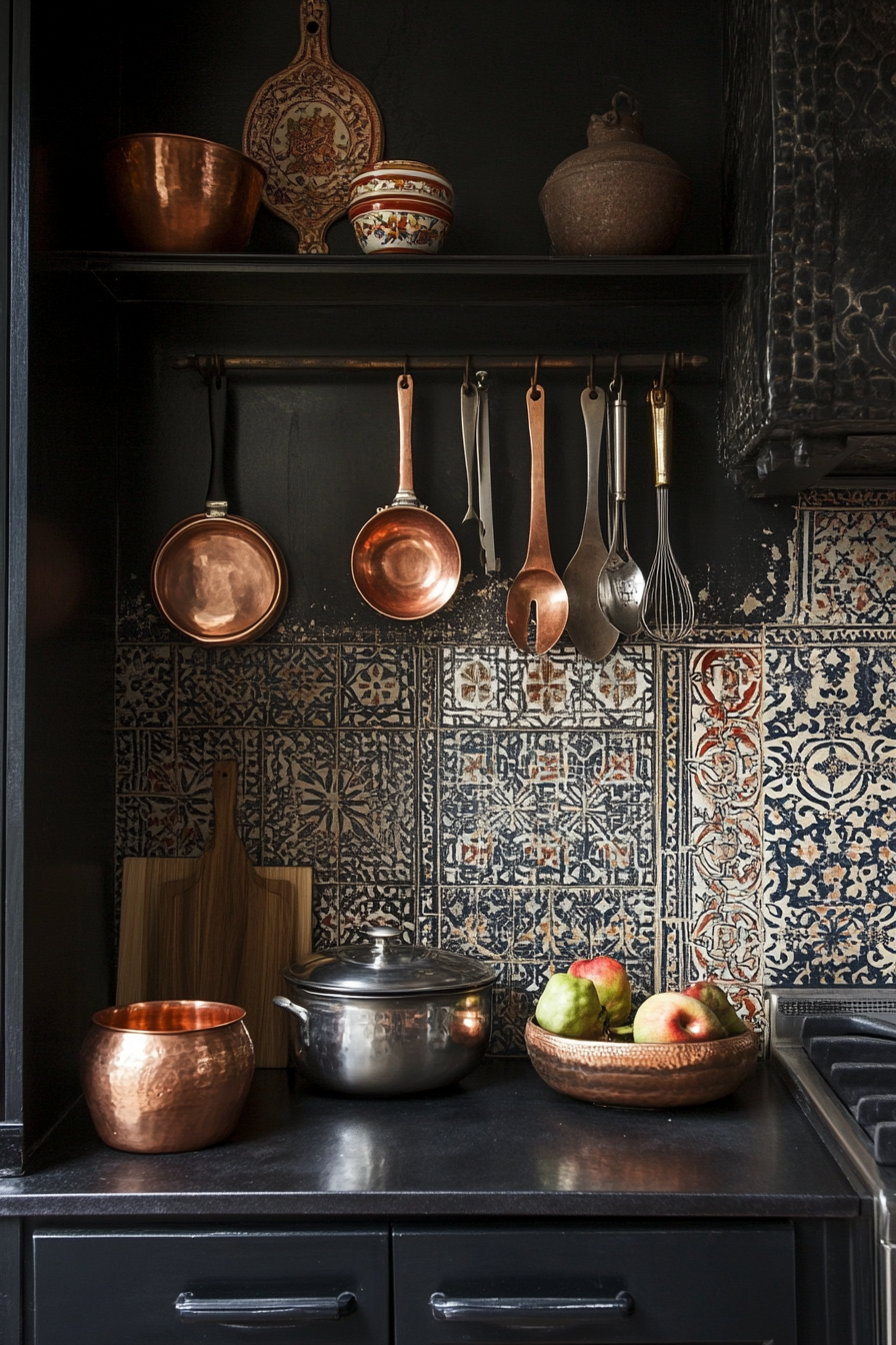 Small cooking space. Moroccan tile backsplash, copper utensils hanging.