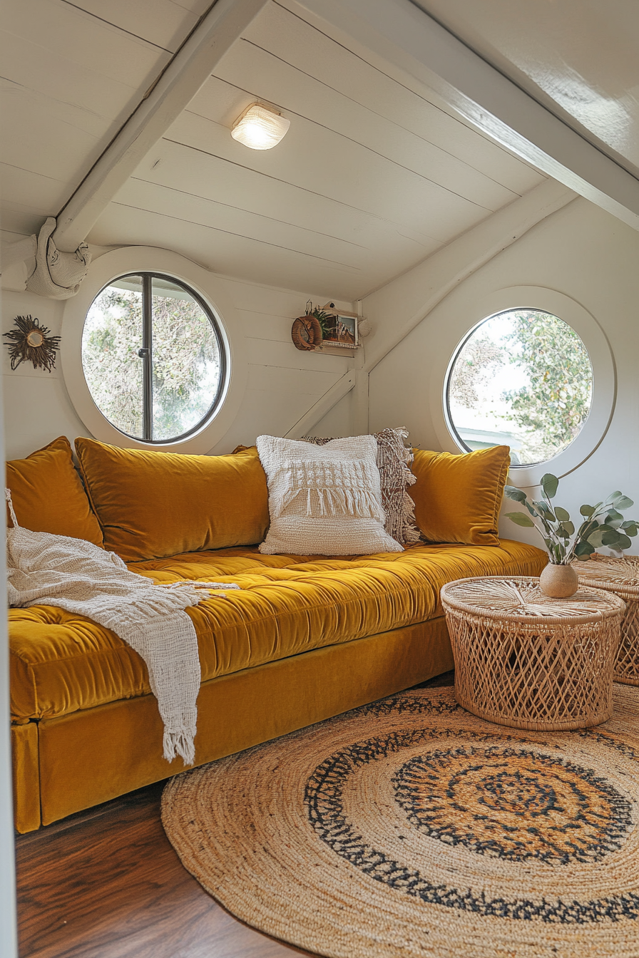 Bohemian tiny home upper level design. Velvet mustard sofa with rattan side tables.