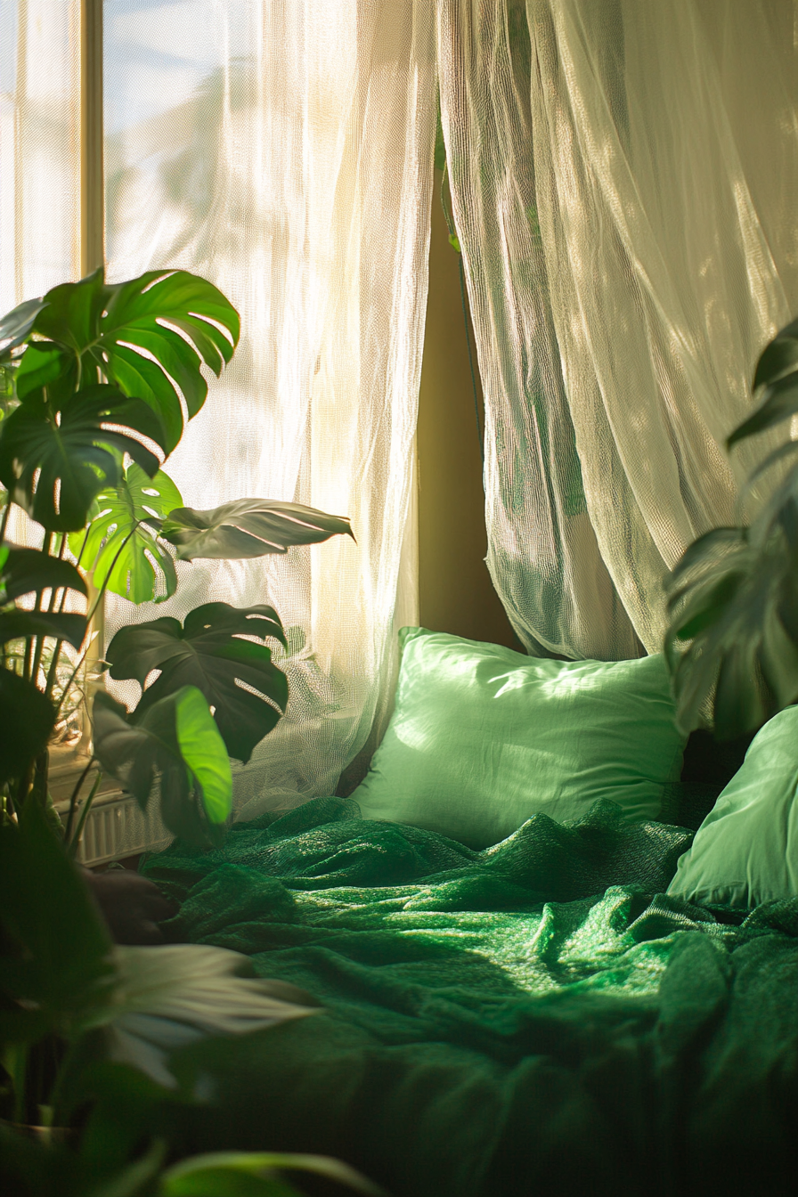 Sleeping nook. Mosquito net drapes and Monstera plant.