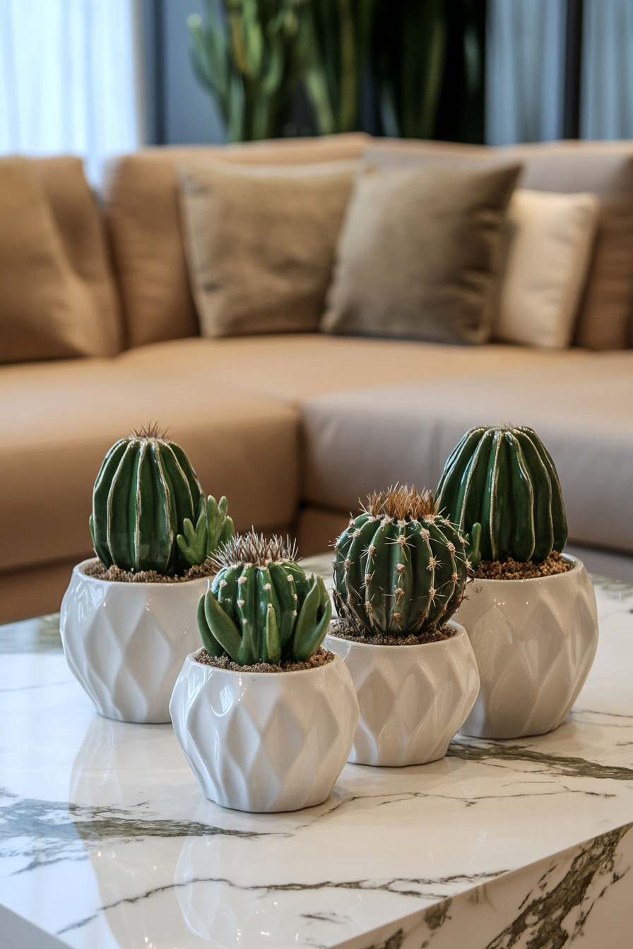 Space. Marble coffee table adorned with three porcelain cacti beside beige modular couch.