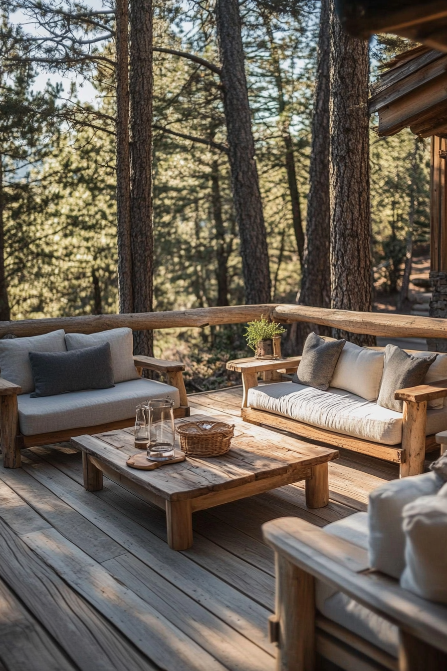 Outdoor space. Rustic wood deck with teak outdoor furniture.