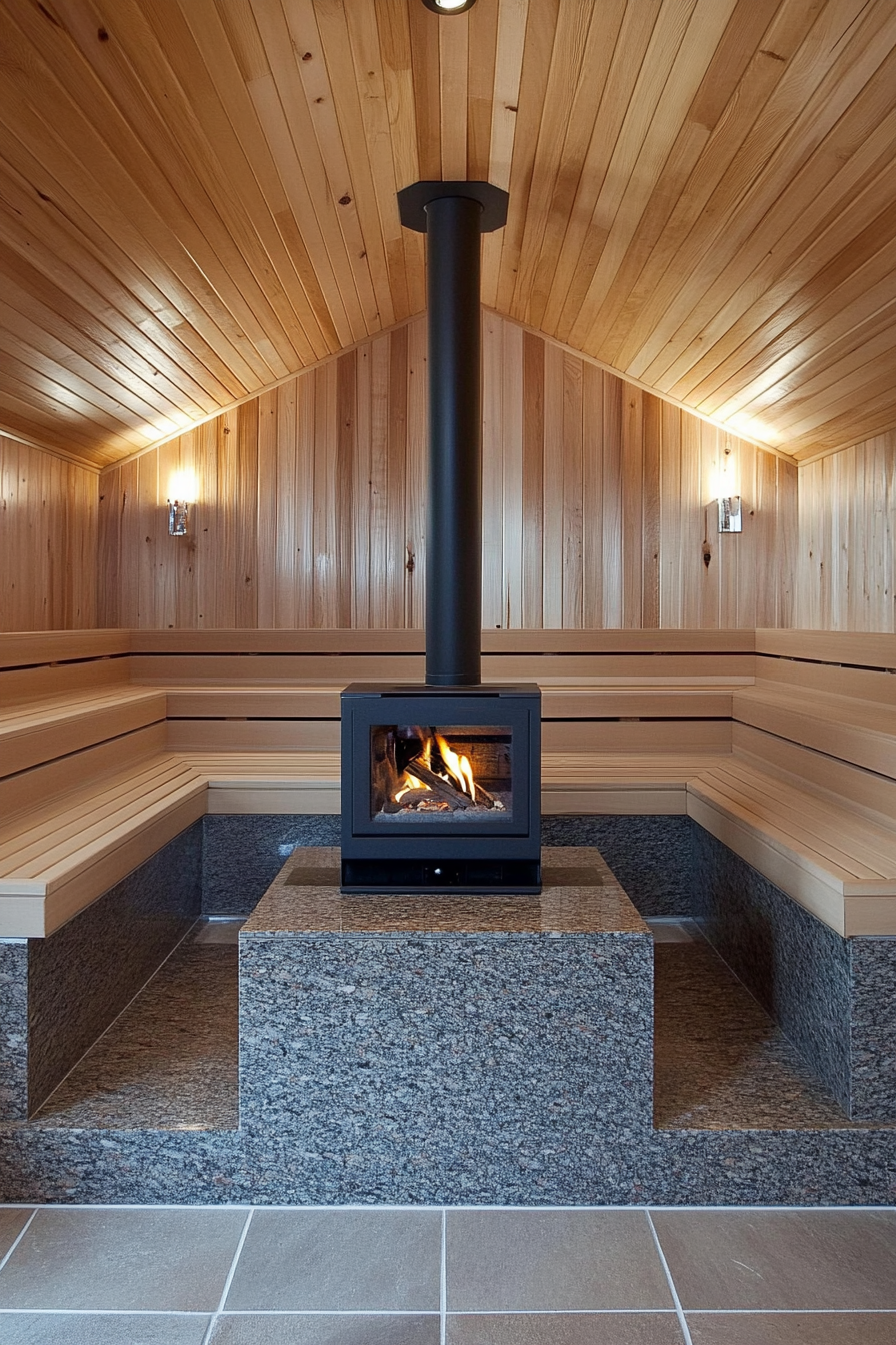 Sauna room design. Wood-burning stove paired with granite and two tiered benches.