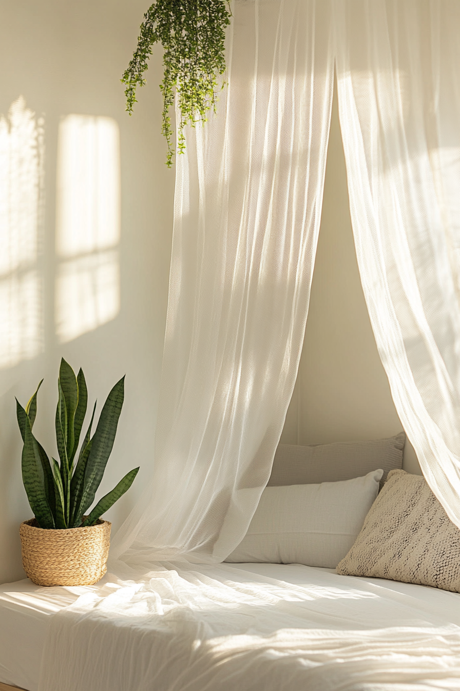 Sleeping Nook. Mosquito net drapes with snake plant accents.