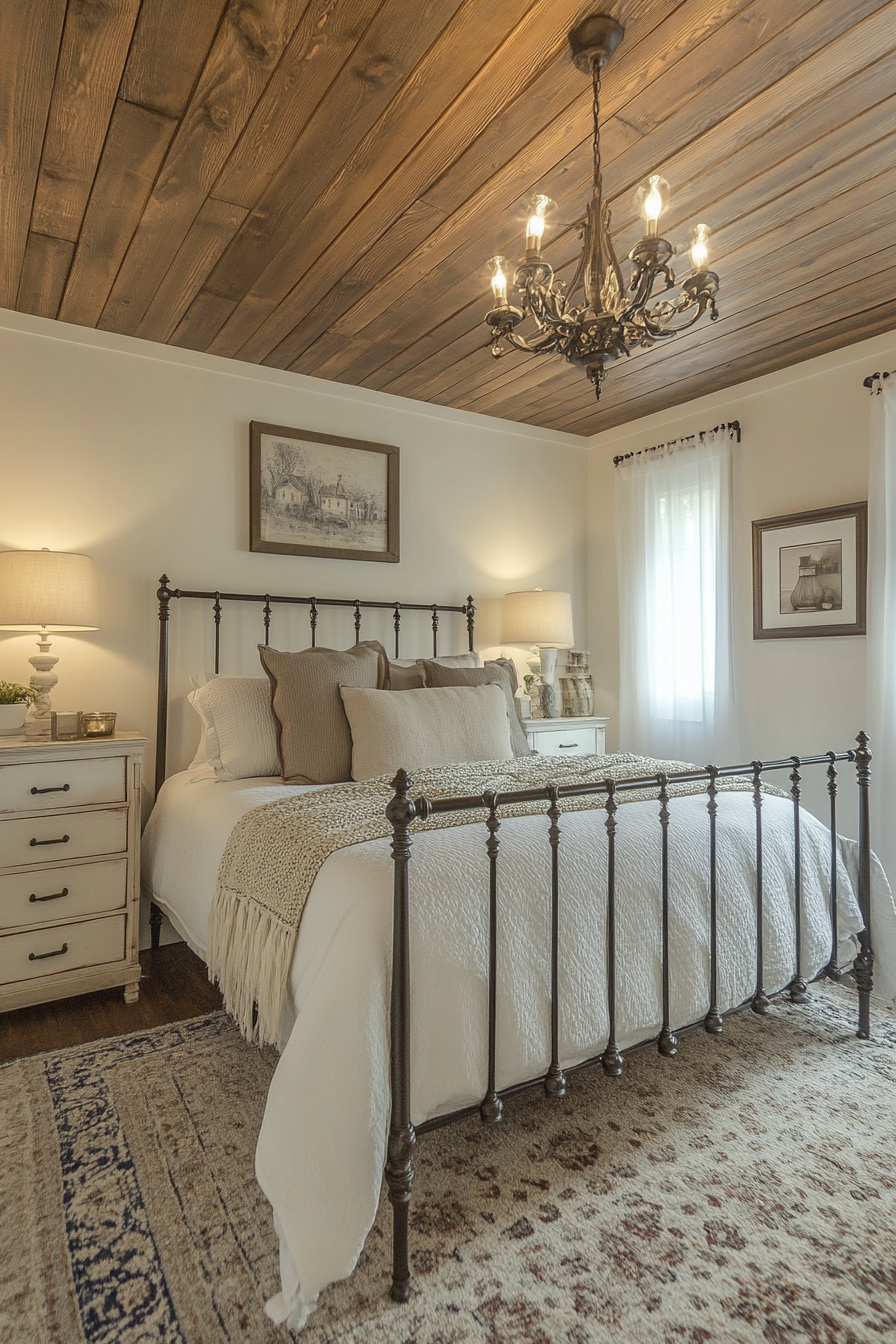 Rustic-chic bedroom. Shiplap ceiling, iron bed frame, antique white dresser.