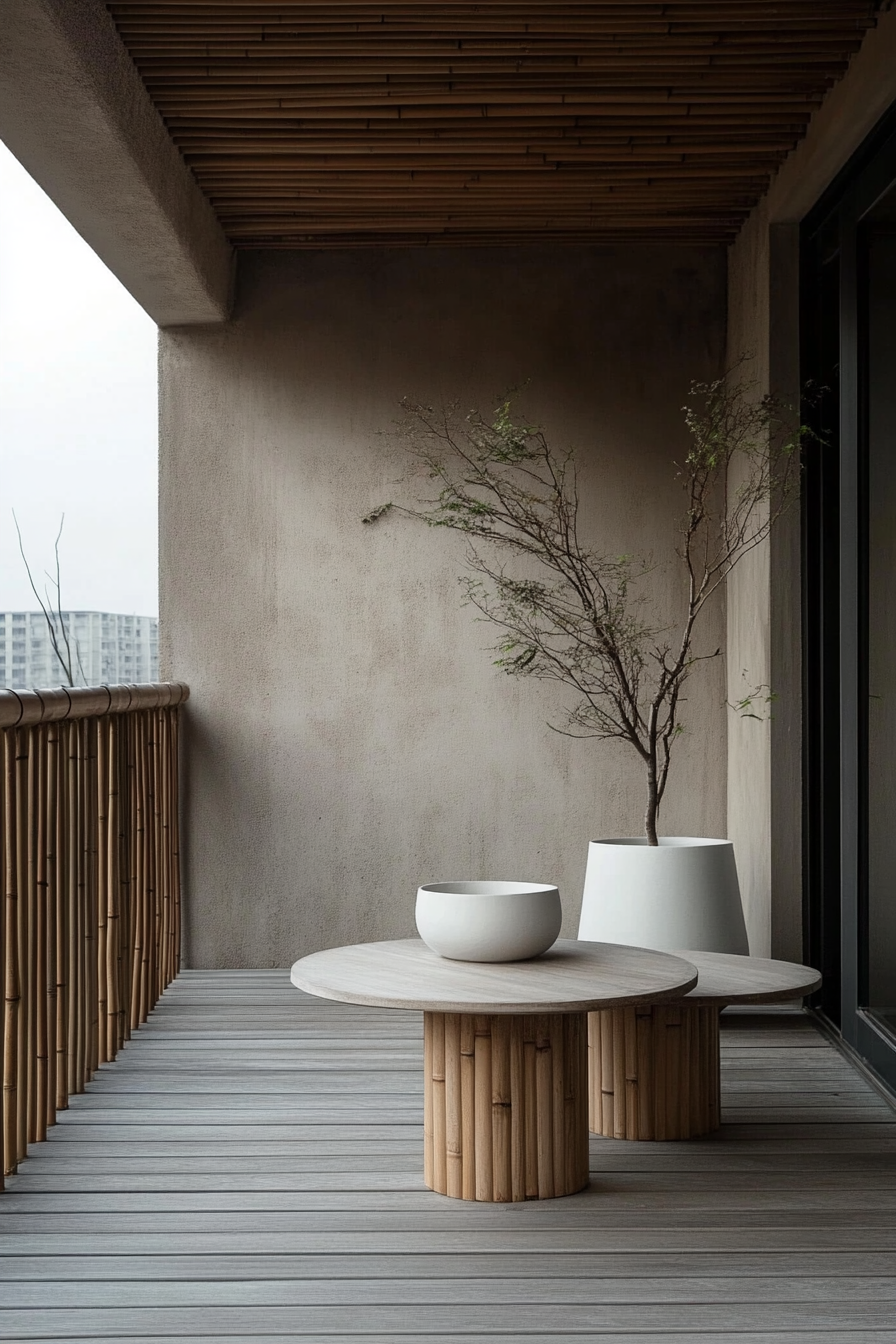 Japandi Balcony Design. Bamboo furniture with minimalist white ceramic pots.