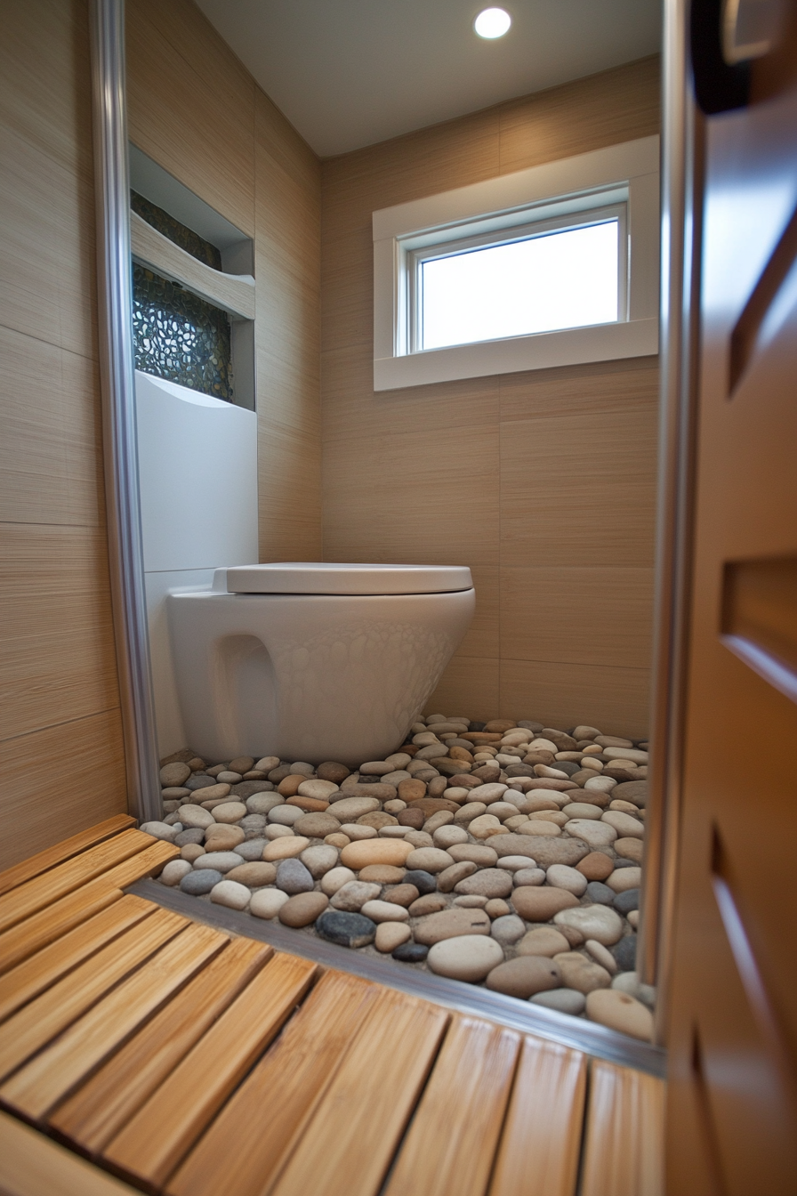 Tiny eco-bathroom concept. Bamboo flooring and river rock pebble floor for walk-in shower.