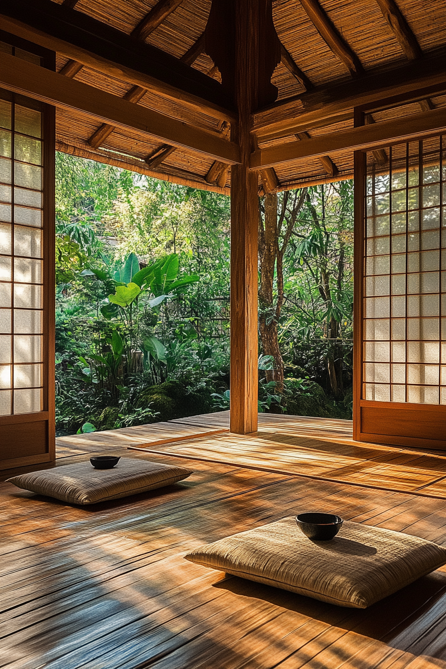 Elevated platform Zen camp. Bamboo flooring and sliding shoji screens.