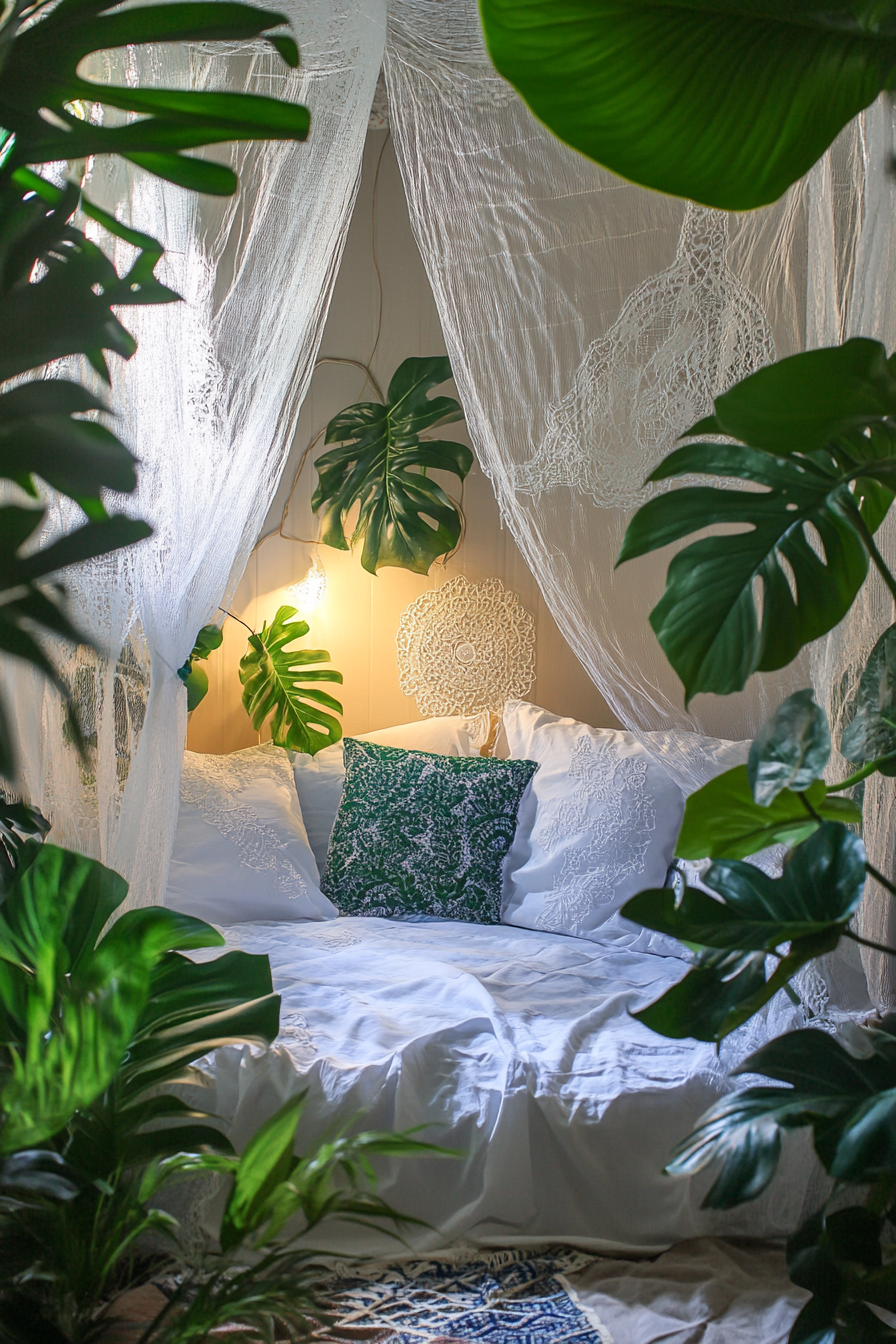 Sleeping nook. Orchid themed mosquito net with lush monstera plant.