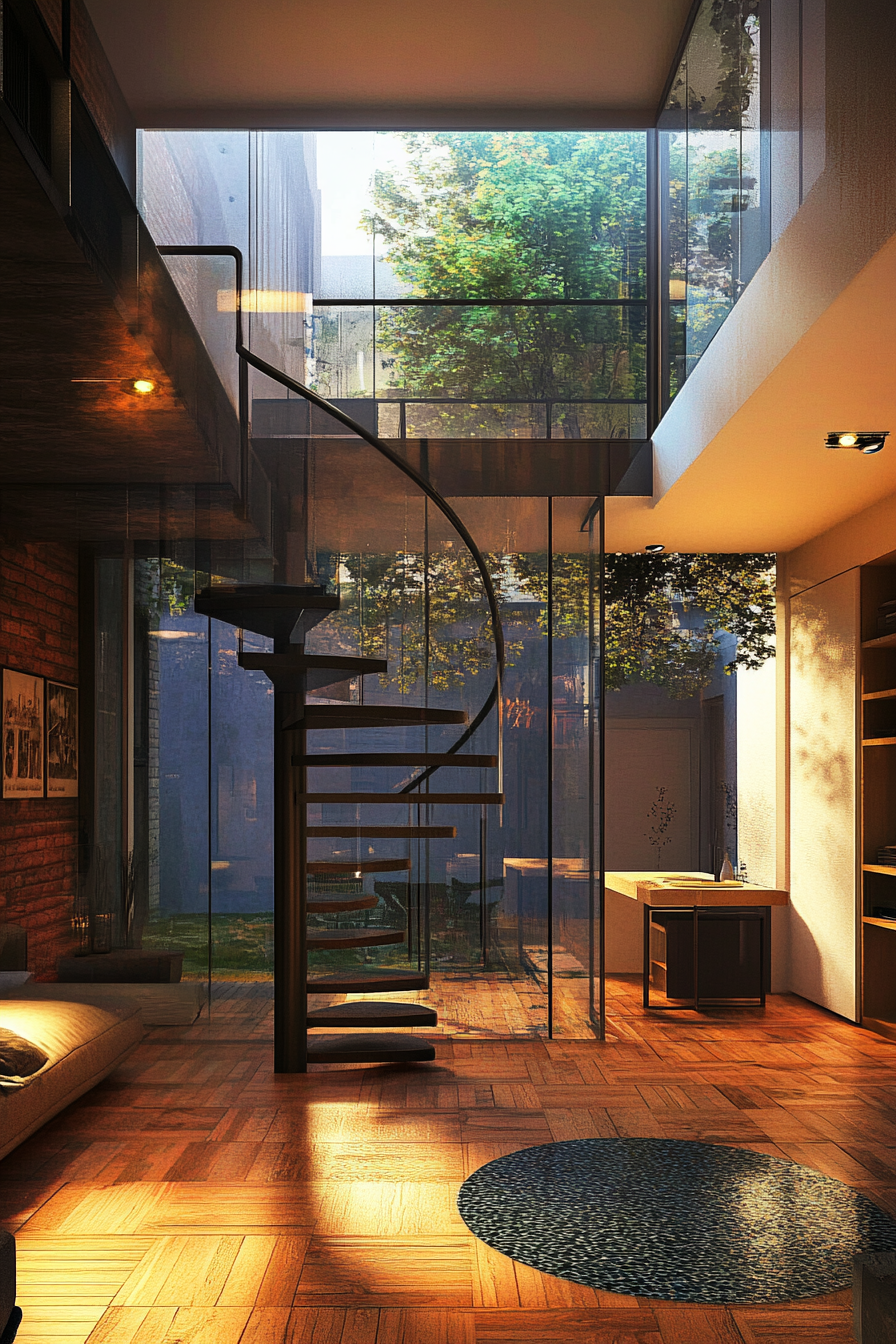 Micro living concept. Spiral staircase leading to glass-enclosed panoramic top floor.