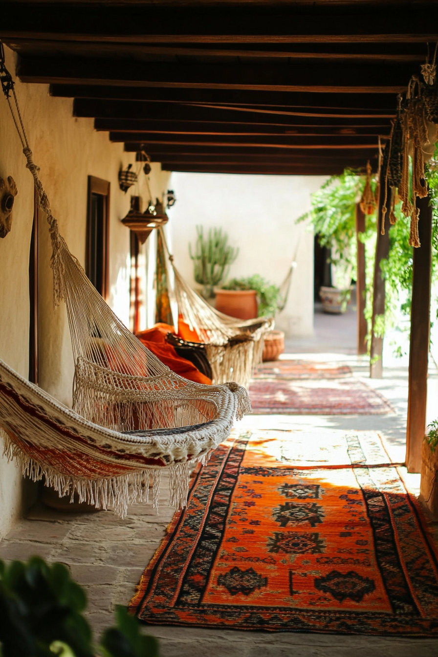 Bohemian patio. Macramé hanging chair canopies and orange kilim rugs layered.