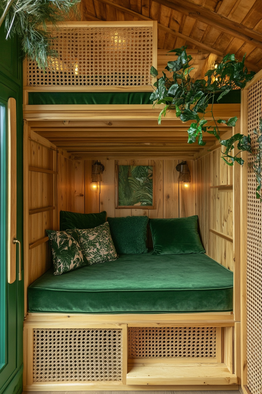 Tiny home upper level design. Velvet green loft bed enclosed by rattan walls.