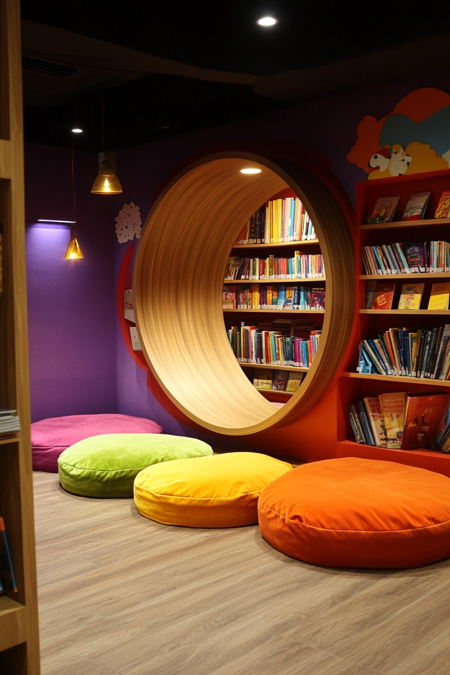 Child-Sized Library Concept. Neon floor cushions next to a circle-shaped book display.