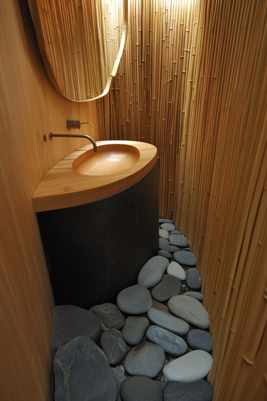 Tiny eco-bathroom concept. Bamboo sink fixture and smoothed river rock floor.