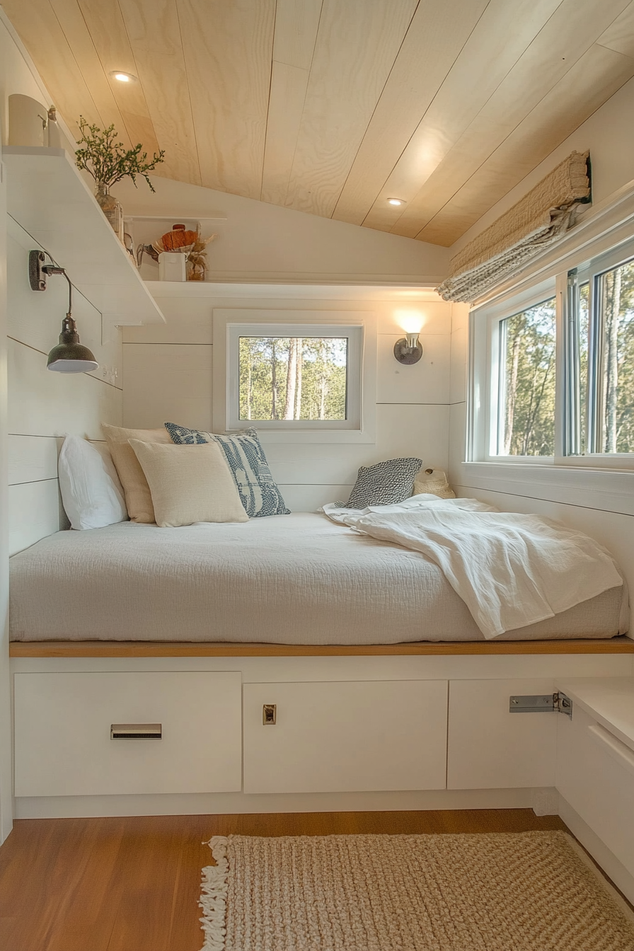 Tiny House Bedroom. Scandinavian style, hidden storage bed, white wall-mounted nightstands.