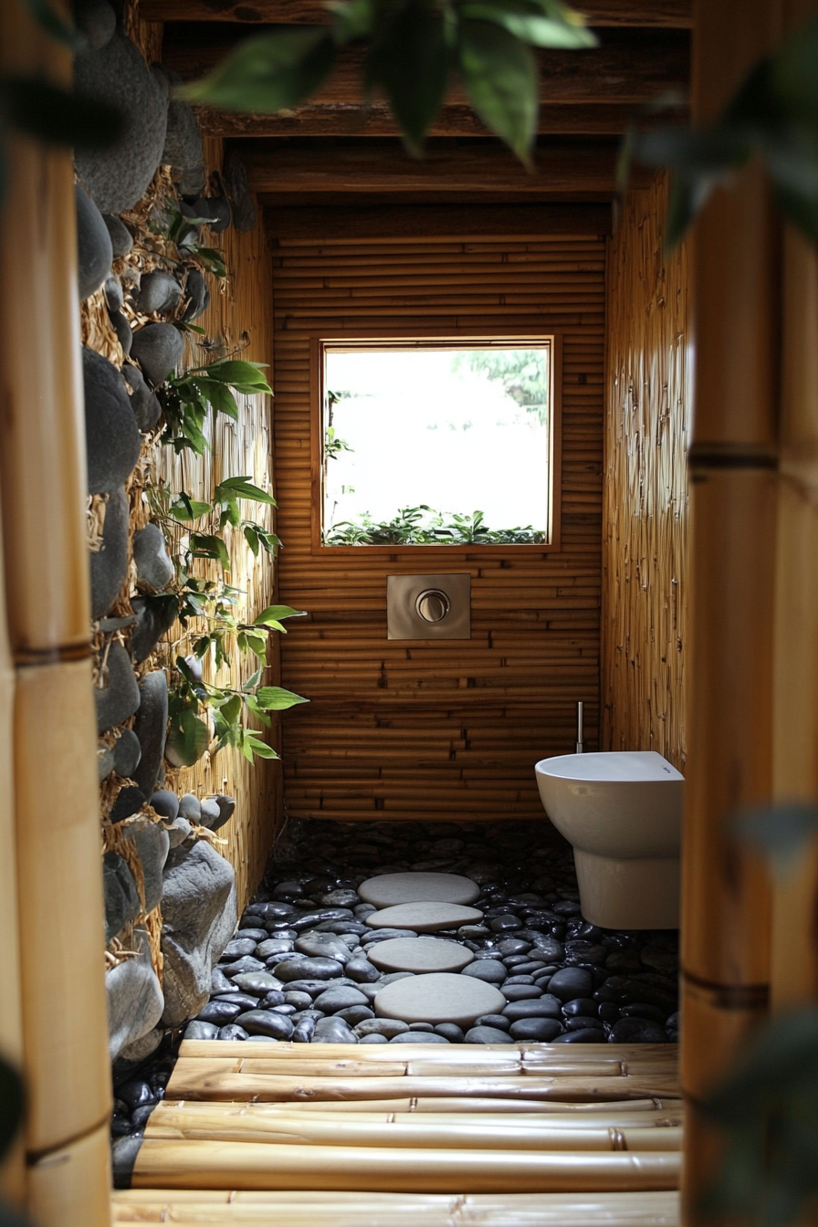 Tiny eco-bathroom concept. Bamboo walls with river rock flooring.