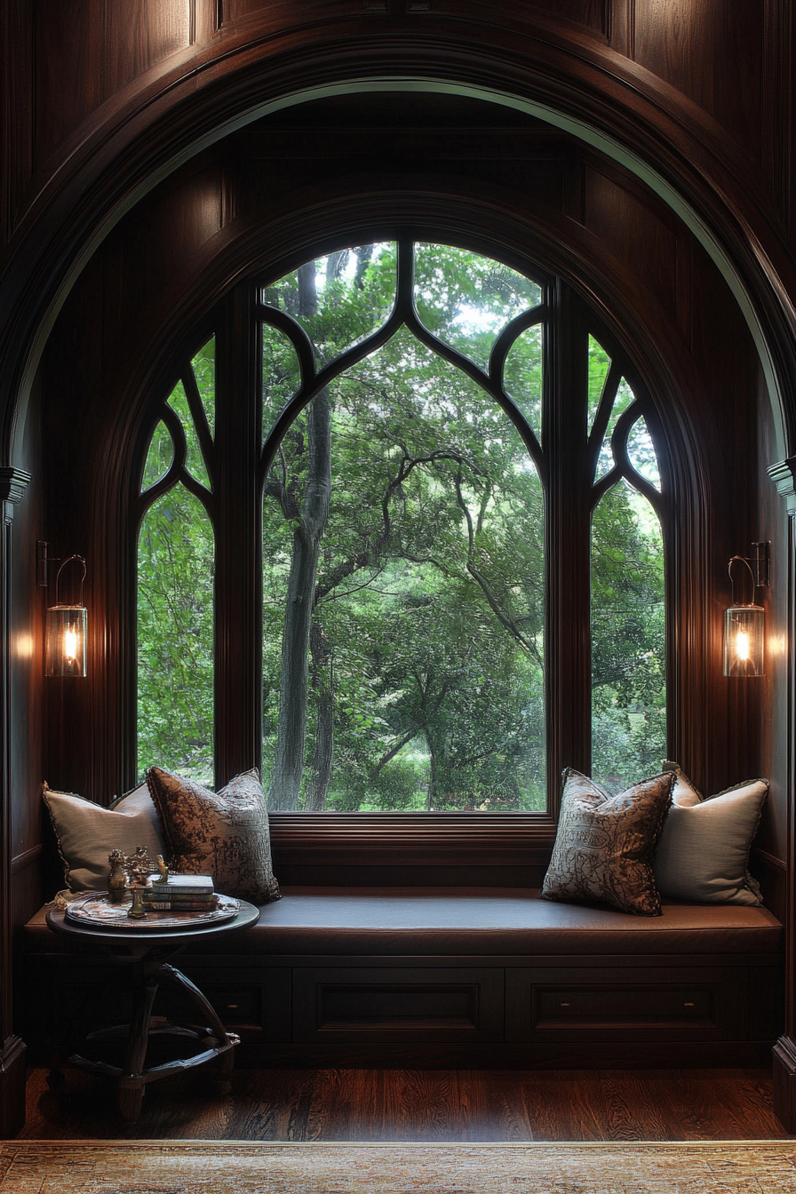 Micro-living design. Pointed arch window paired with dark mahogany wood paneling.