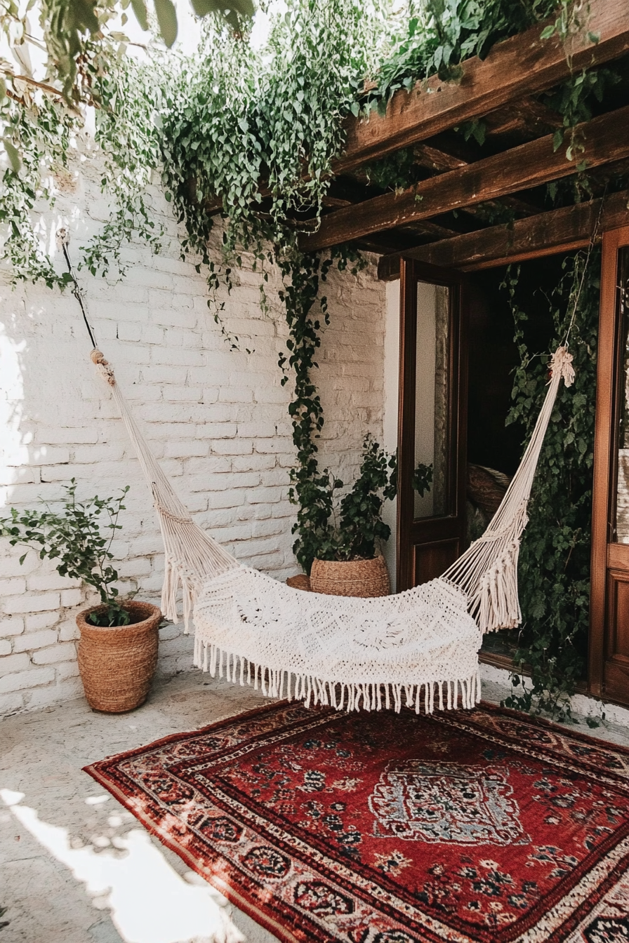 Bohemian patio. Whitewashed brick walls, macramé hanging chair, layered red kilim rug.