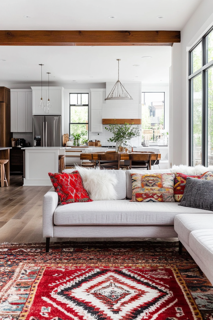 Tiny home decor. Bright red eclectic rug with geometric patterns.