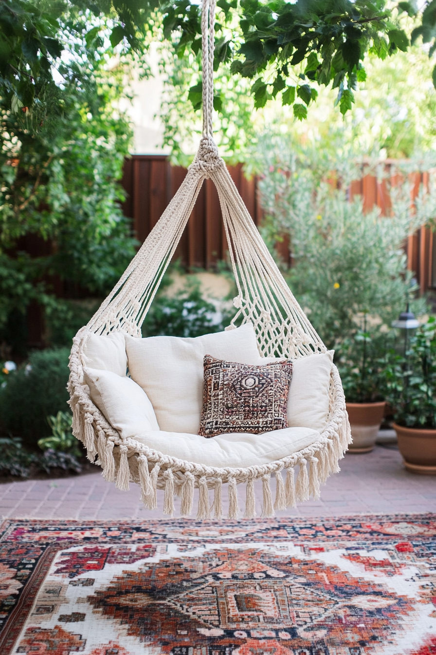 Bohemian patio decor. Macramé hanging chair with cream cushions and multicolored kilim rug.